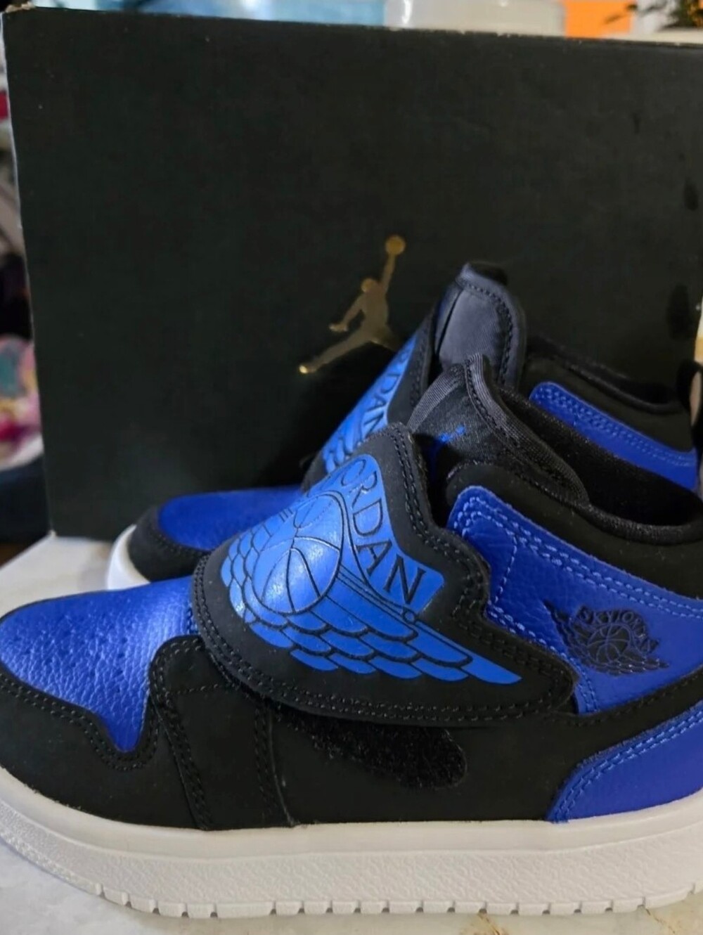 Jordan Blue and Black Kids Mid-Top Sneakers with Hook Strap